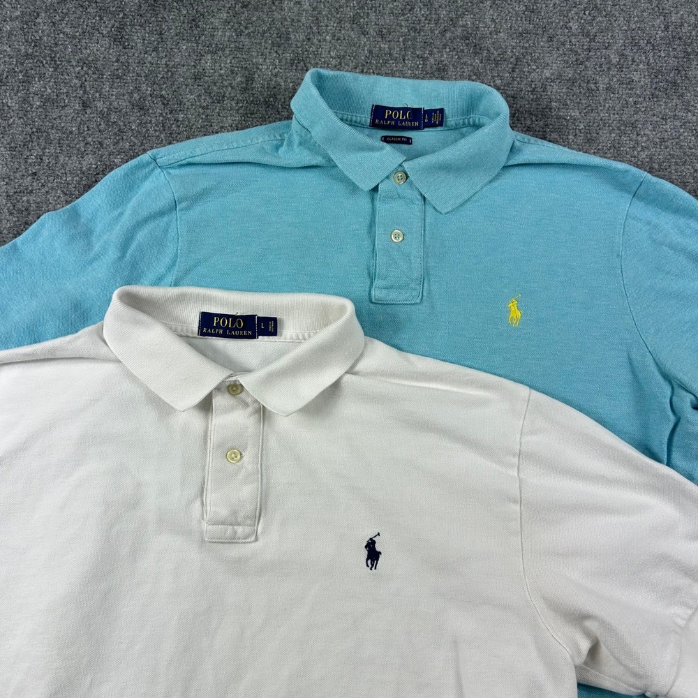 Polo Ralph Lauren Polo Shirts Mens L Blue White Bundle 2pk Classic Fit Cotton